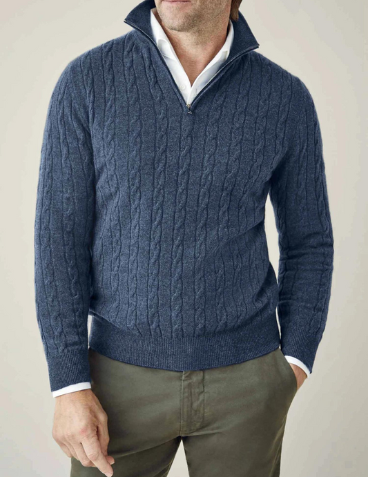 Caden Men's Half Zip Sweater | 100% Two-Ply Cable Knit, Funnel Neck