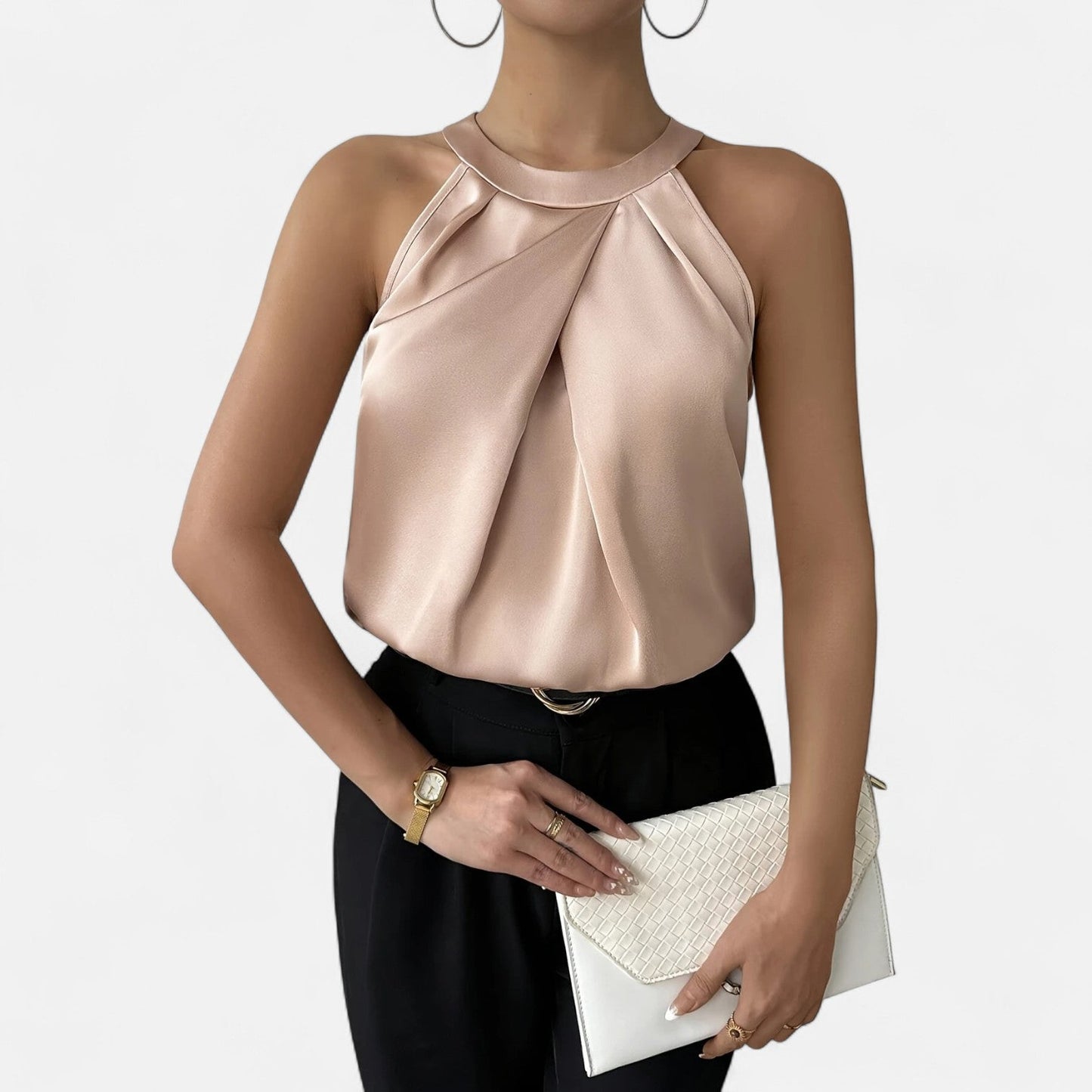 Belmoir Women's Satin Blouse | Pleated Halter Design, Elegant Champagne