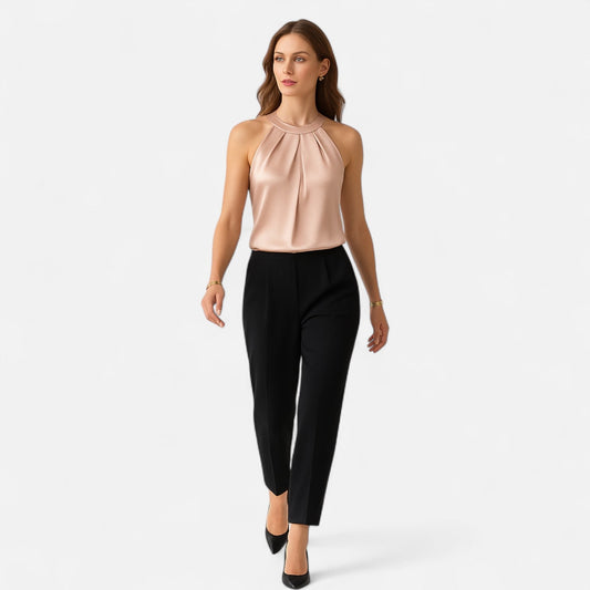 Belmoir Women's Satin Blouse | Pleated Halter Design, Elegant Champagne