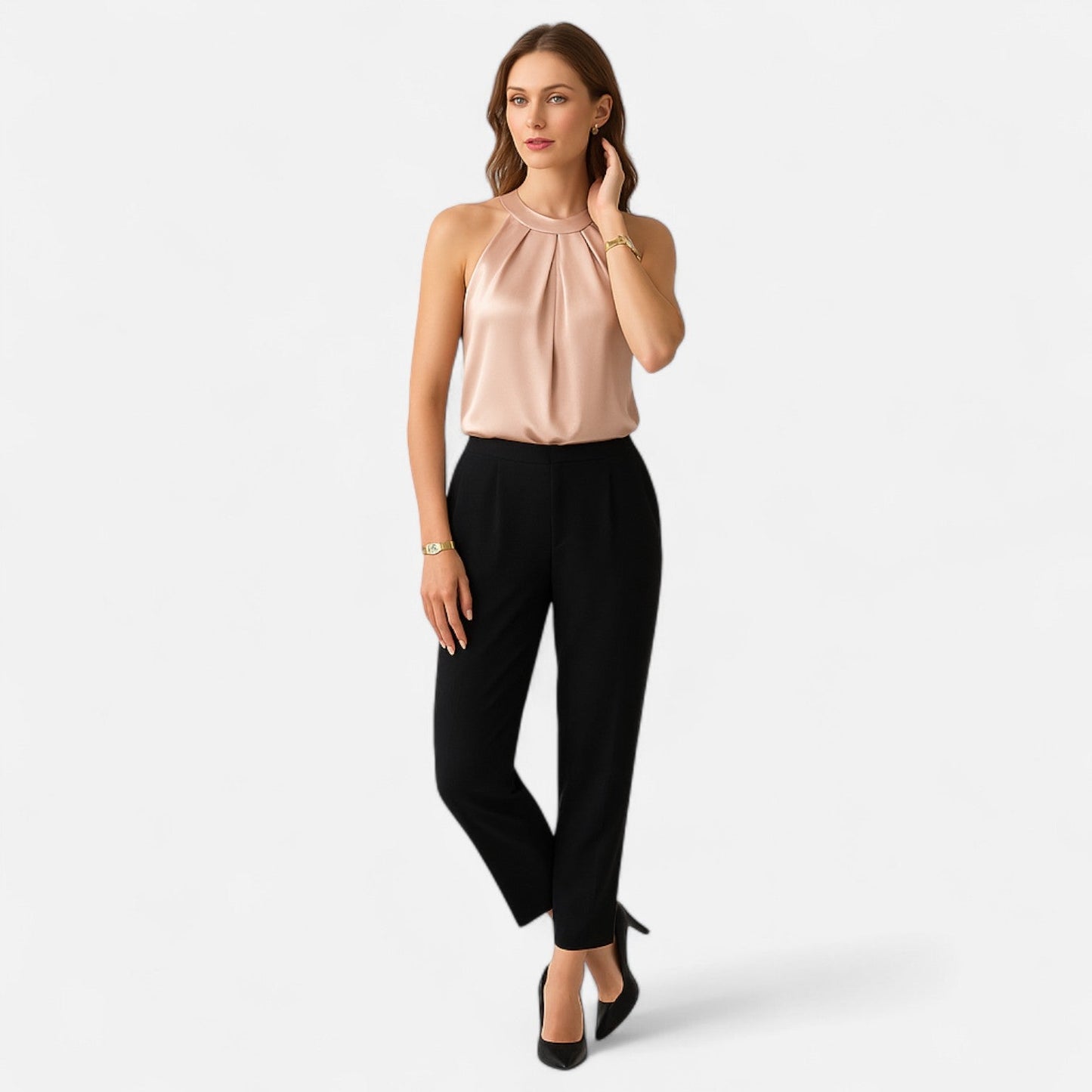 Belmoir Women's Satin Blouse | Pleated Halter Design, Elegant Champagne