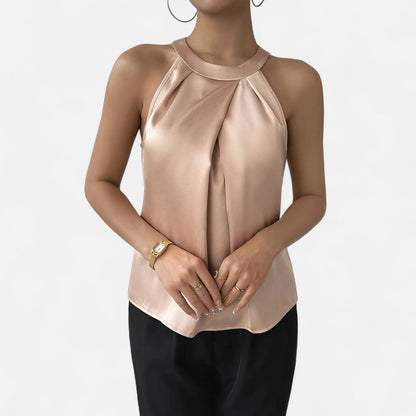 Belmoir Women's Satin Blouse | Pleated Halter Design, Elegant Champagne
