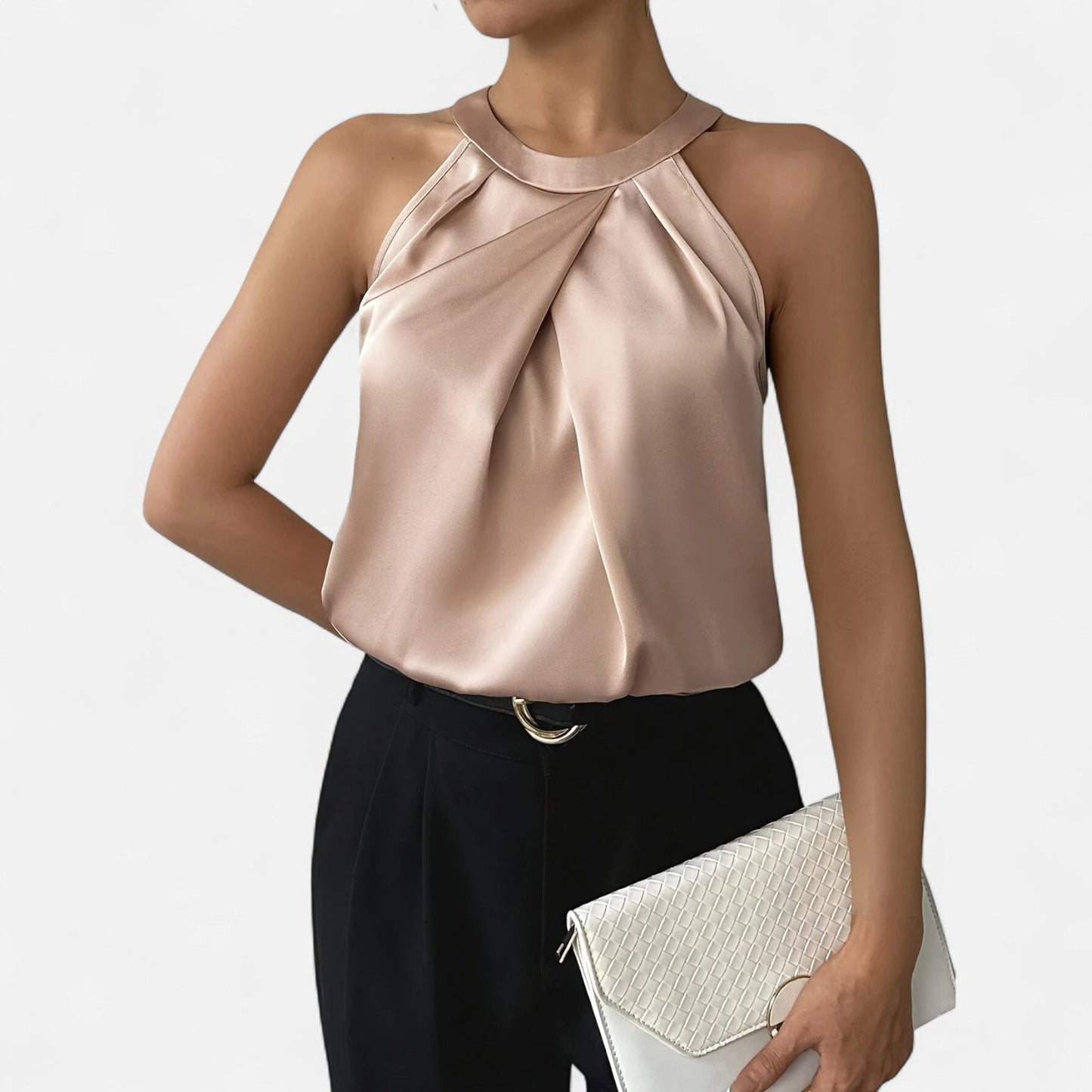 Belmoir Women's Satin Blouse | Pleated Halter Design, Elegant Champagne