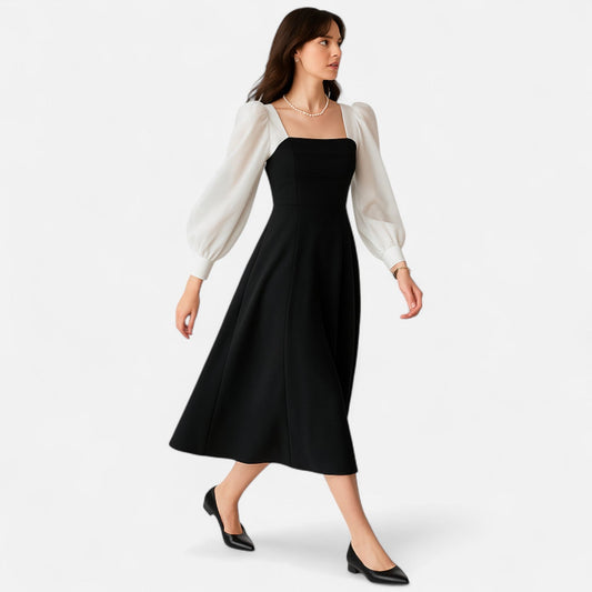 Belmoir Women's Black A-Line Dress | Semi-Sheer Organza, Vintage Charm