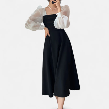 Belmoir Women's Black A-Line Dress | Semi-Sheer Organza, Vintage Charm