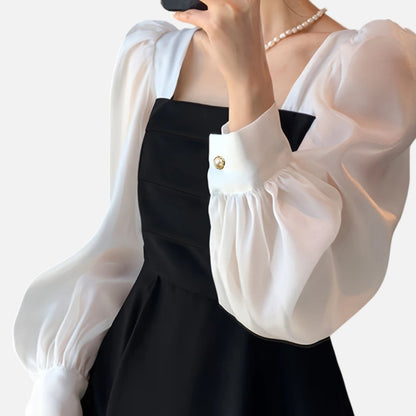 Belmoir Women's Black A-Line Dress | Semi-Sheer Organza, Vintage Charm