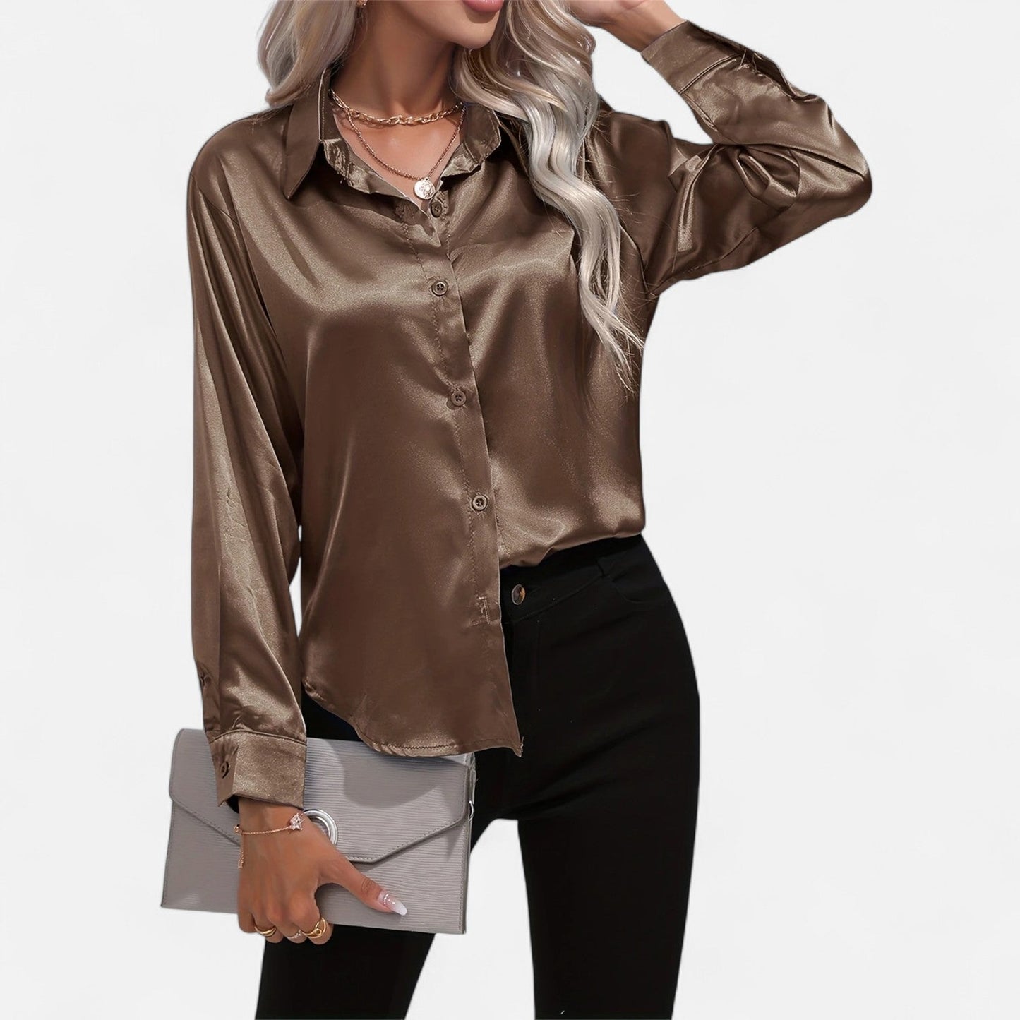 Belmoir Women's Satin Blouse | Turquoise, Classic Lapel Collar