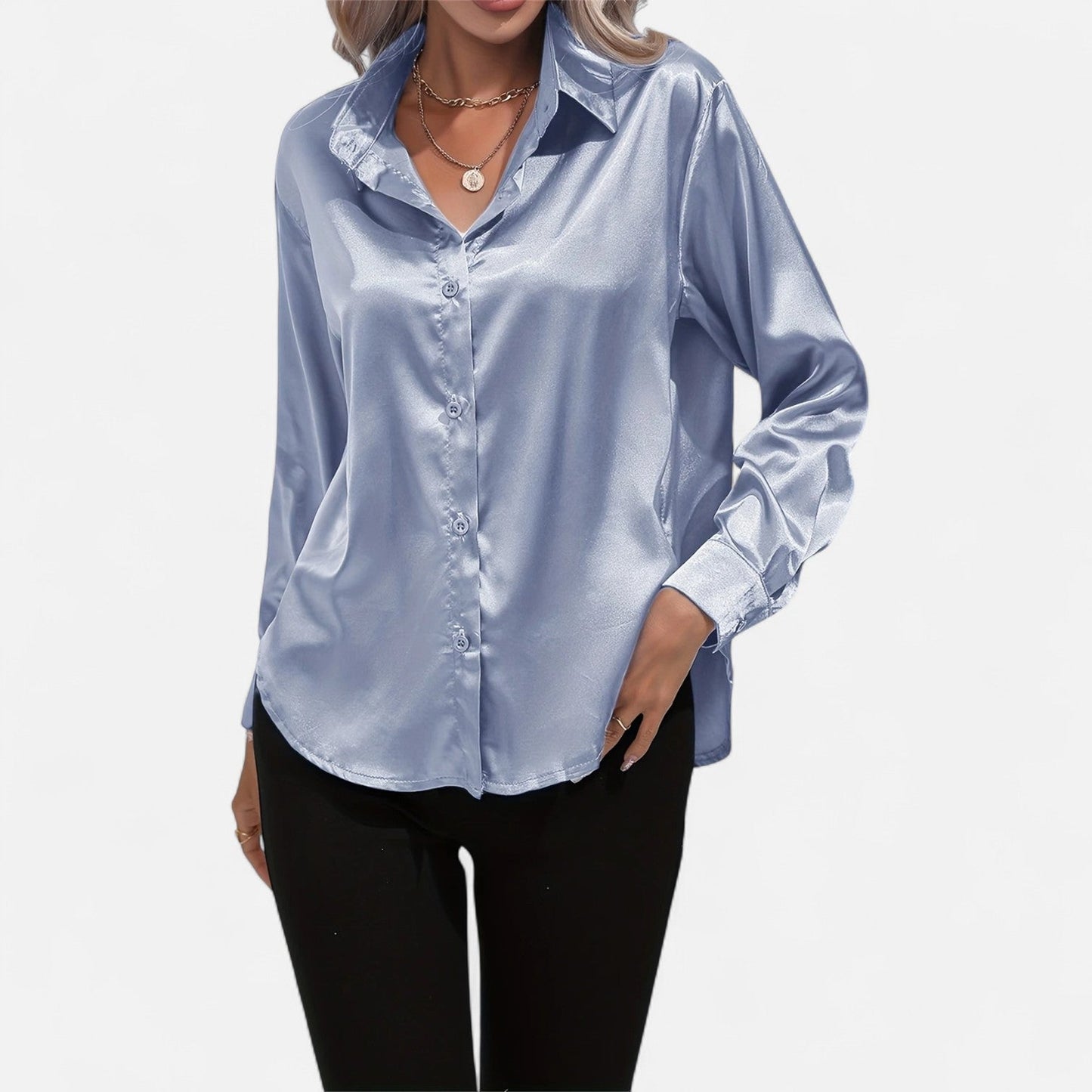 Belmoir Women's Satin Blouse | Turquoise, Classic Lapel Collar