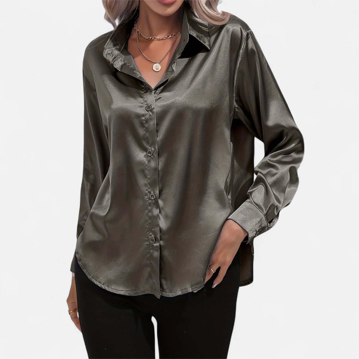 Belmoir Women's Satin Blouse | Turquoise, Classic Lapel Collar