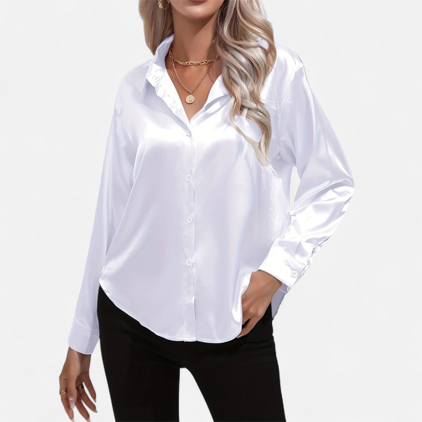Belmoir Women's Satin Blouse | Turquoise, Classic Lapel Collar