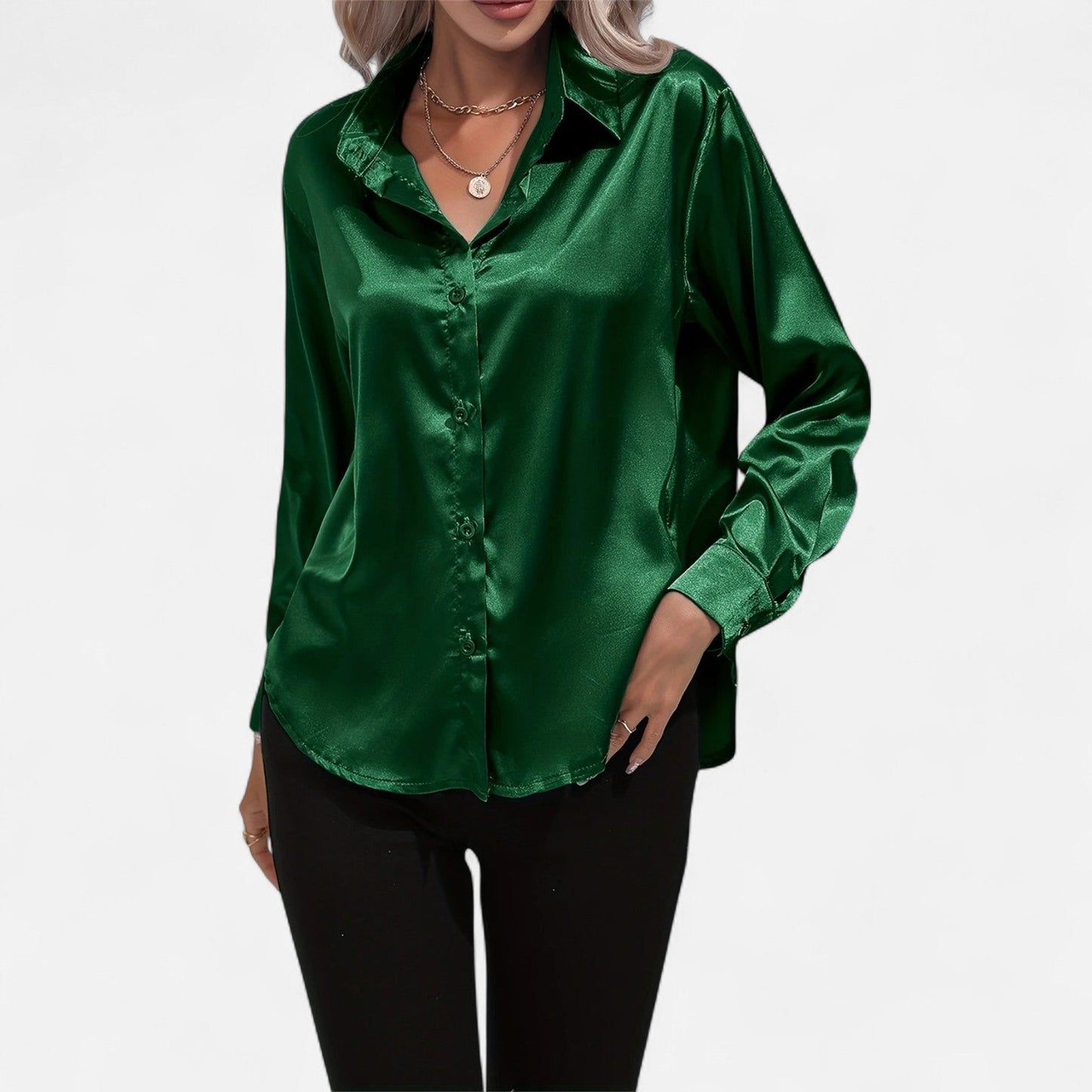Belmoir Women's Satin Blouse | Turquoise, Classic Lapel Collar