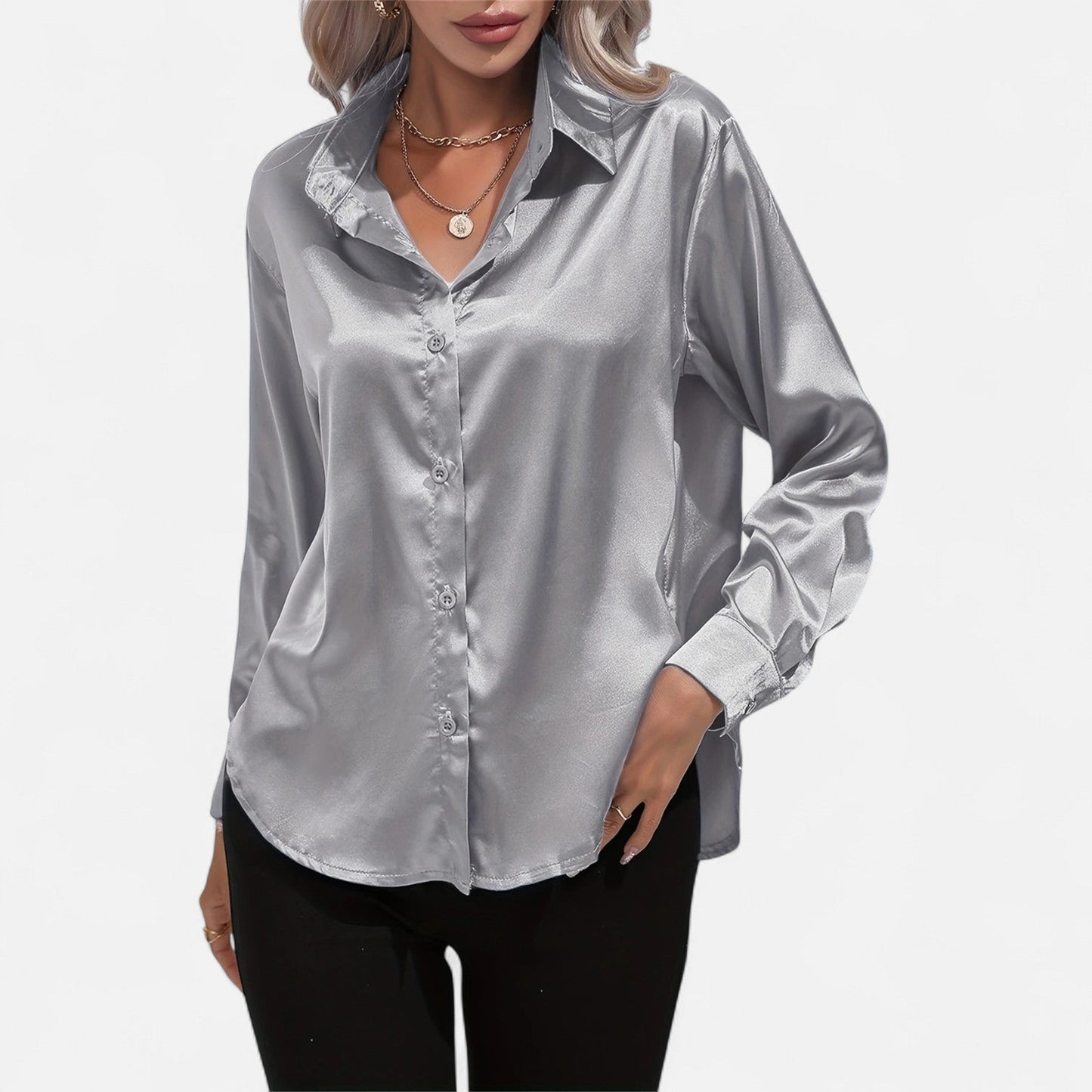 Belmoir Women's Satin Blouse | Turquoise, Classic Lapel Collar