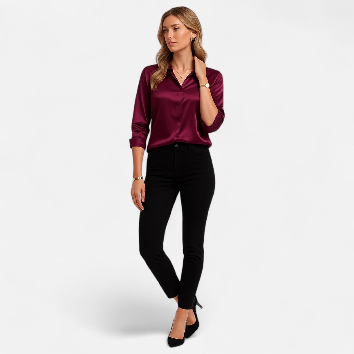 Belmoir Women's Satin Blouse | Turquoise, Classic Lapel Collar