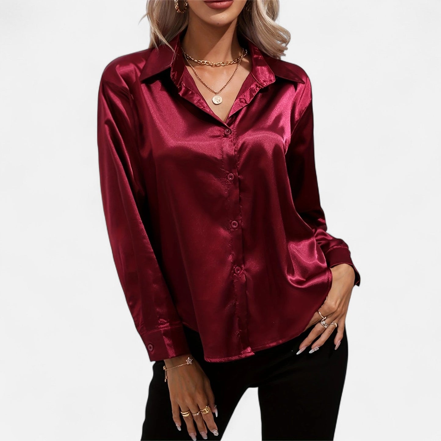 Belmoir Women's Satin Blouse | Turquoise, Classic Lapel Collar