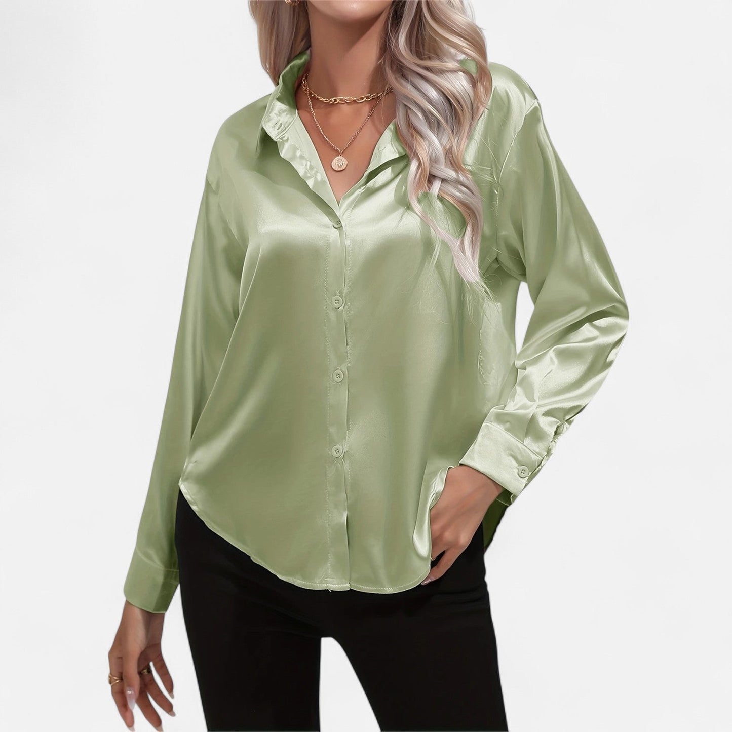 Belmoir Women's Satin Blouse | Turquoise, Classic Lapel Collar