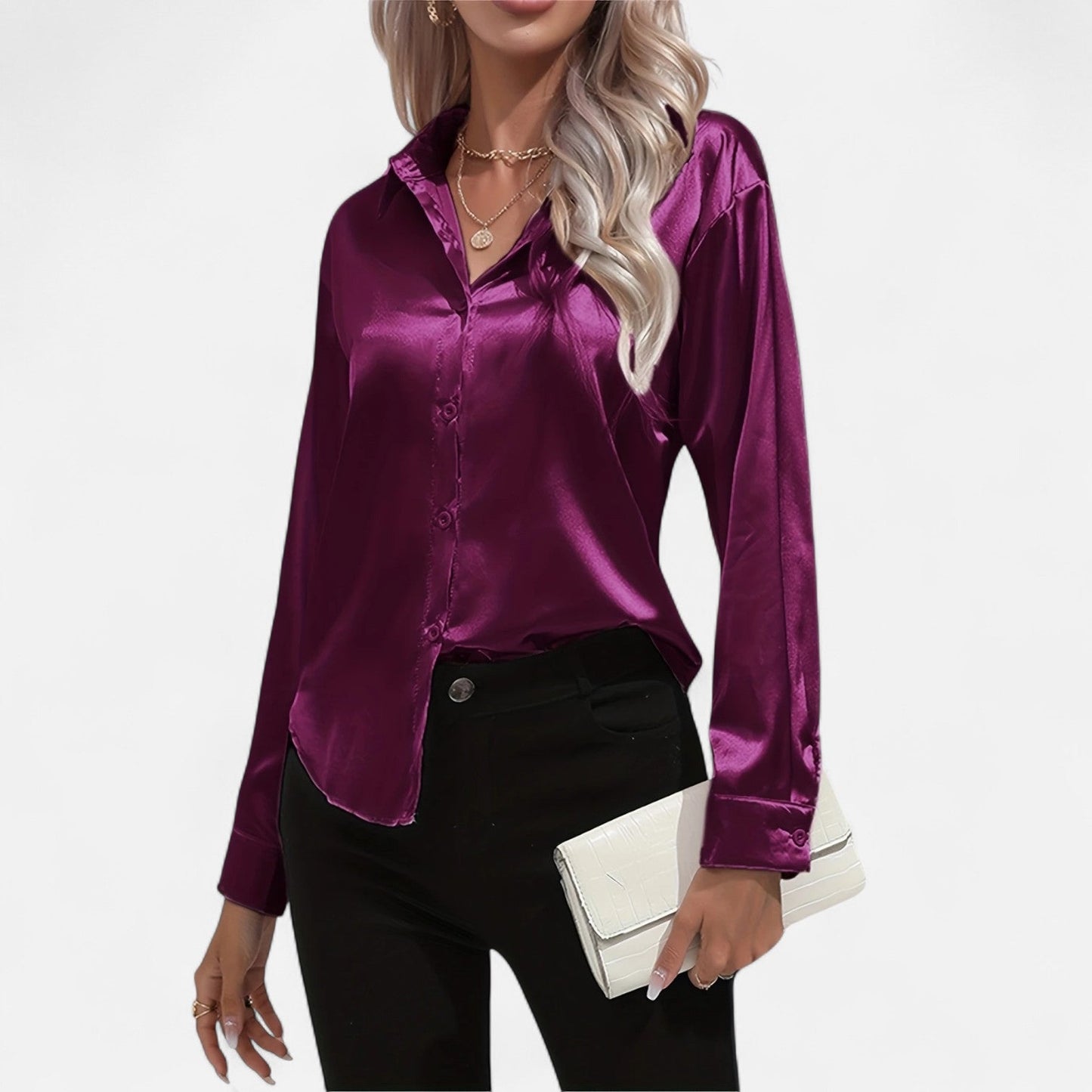 Belmoir Women's Satin Blouse | Turquoise, Classic Lapel Collar