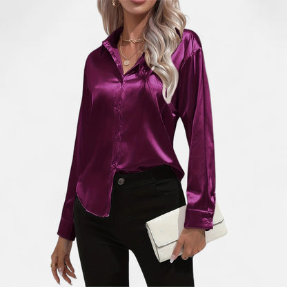 Belmoir Women's Satin Blouse | Turquoise, Classic Lapel Collar