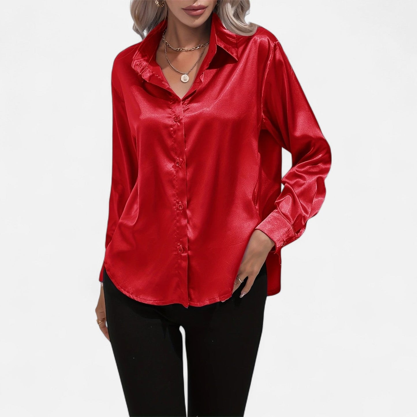 Belmoir Women's Satin Blouse | Turquoise, Classic Lapel Collar