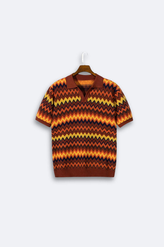 Max Chic Knit Polo T-Shirt | 100% Polyester, Geometric Wave Pattern 0