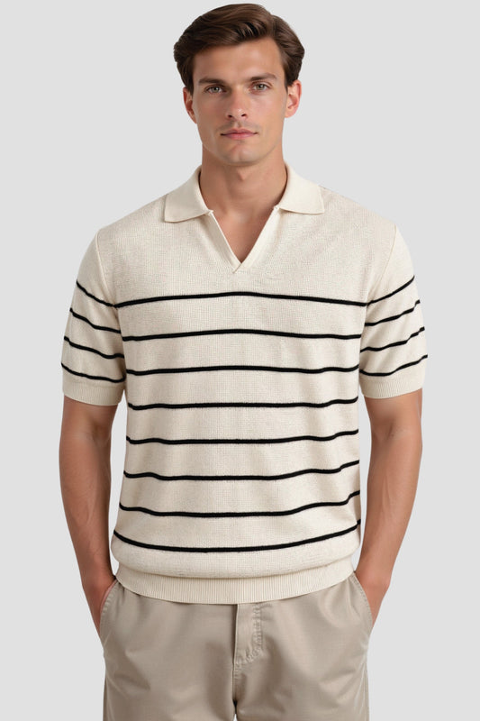 Owen Men's Polo Shirt | 100% Cotton, Striped V-Neck Casual Elegance 1