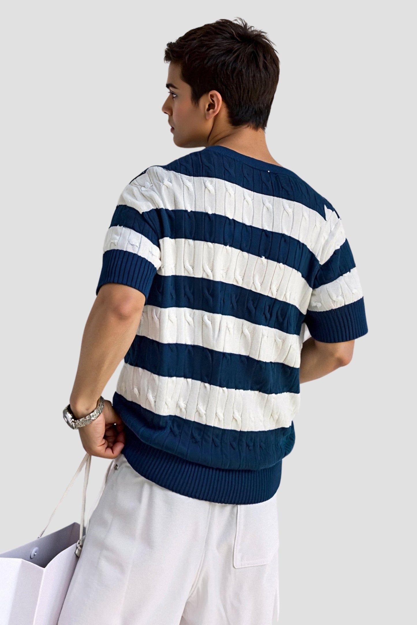 Owen Men's T Shirt | Cable Knit Striped Casual Elegance 3